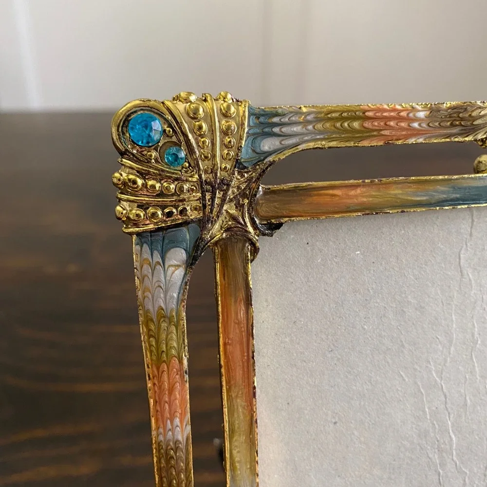 Vintage Art Nouveau Style Enameled Metal Photo Frame Gold Blue Rhinestone 5x7